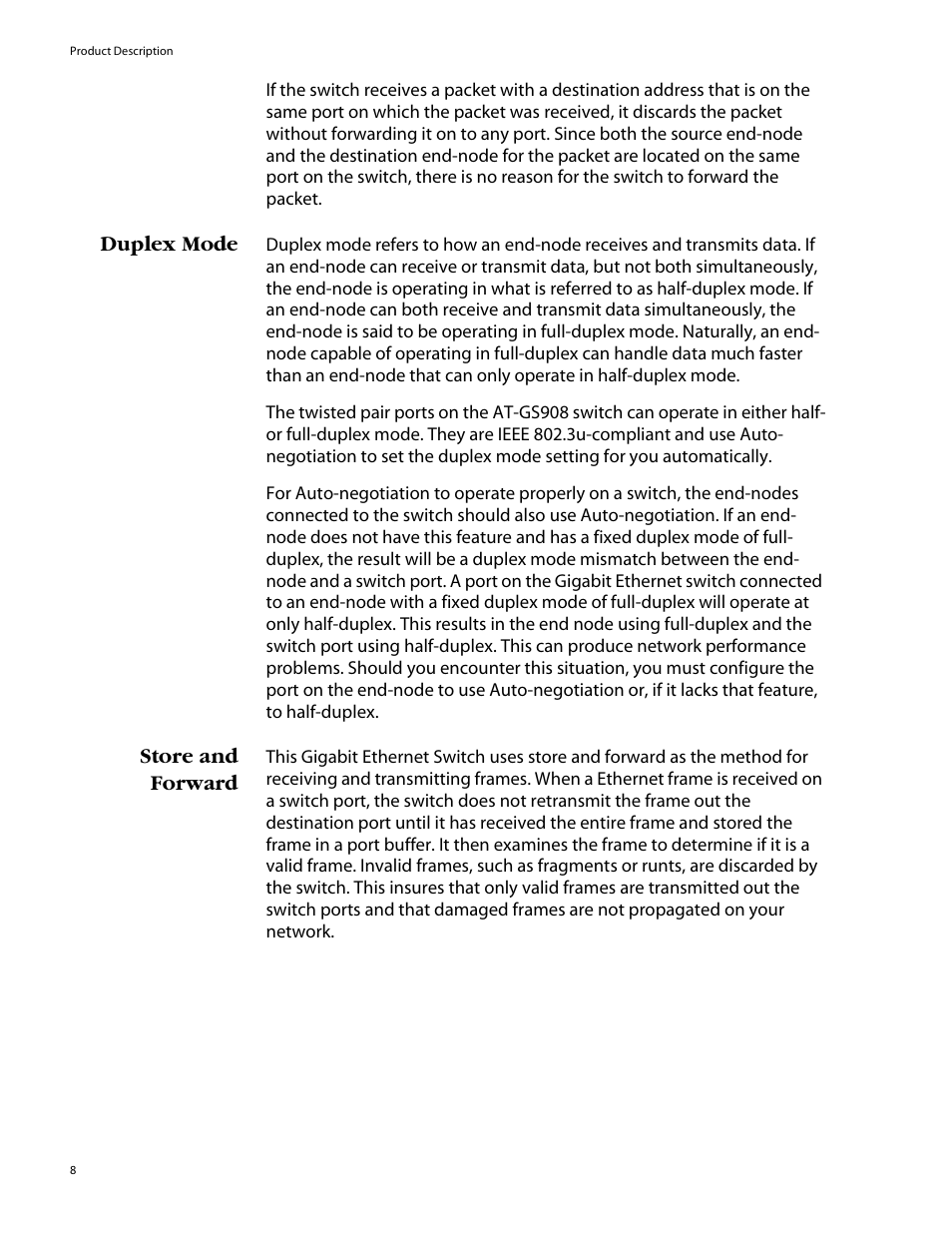 Duplex mode, Store and forward, Duplex mode store and forward | Allied Telesis AT-GS908 User Manual | Page 18 / 52