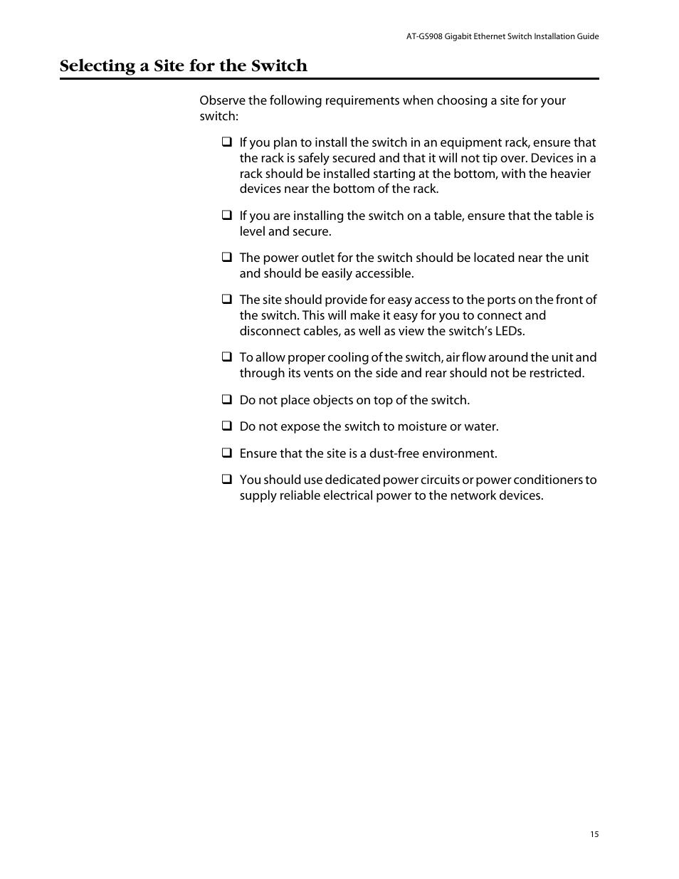 Selecting a site for the switch | Allied Telesis AT-GS908 User Manual | Page 25 / 52