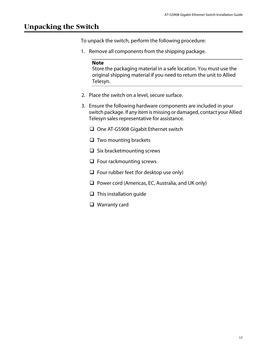 Unpacking the switch | Allied Telesis AT-GS908 User Manual | Page 27 / 52