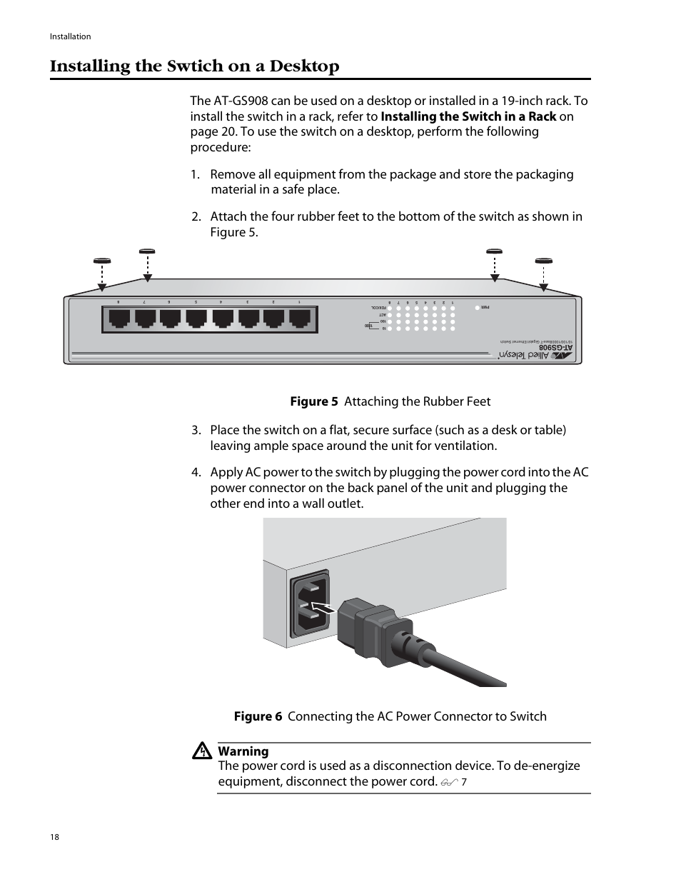 Installing the swtich on a desktop | Allied Telesis AT-GS908 User Manual | Page 28 / 52