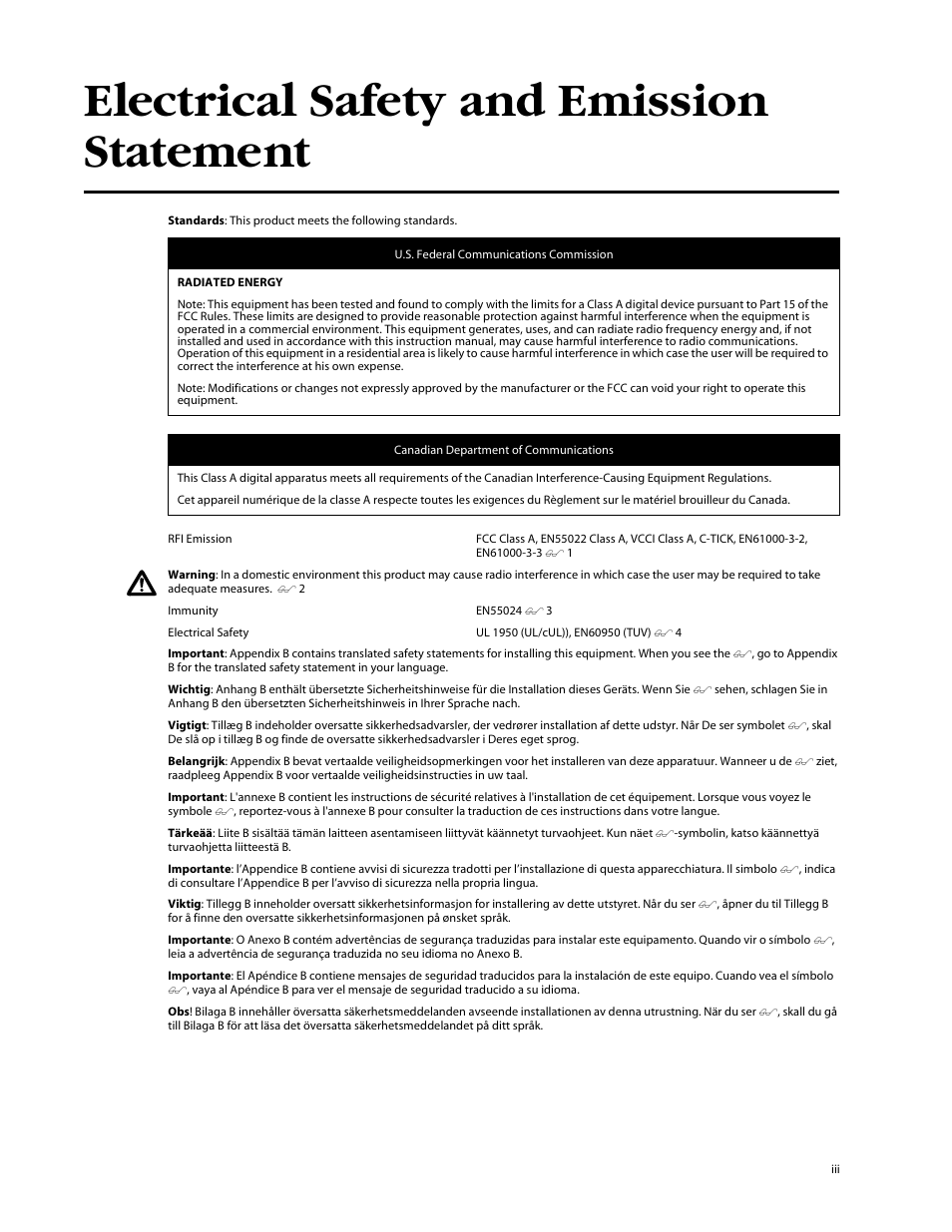 Electrical safety and emission statement | Allied Telesis AT-GS908 User Manual | Page 3 / 52