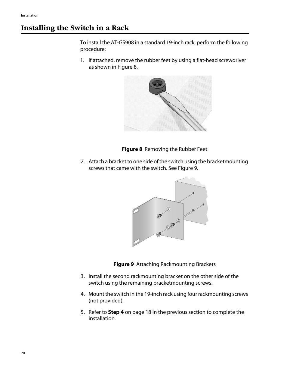 Installing the switch in a rack | Allied Telesis AT-GS908 User Manual | Page 30 / 52