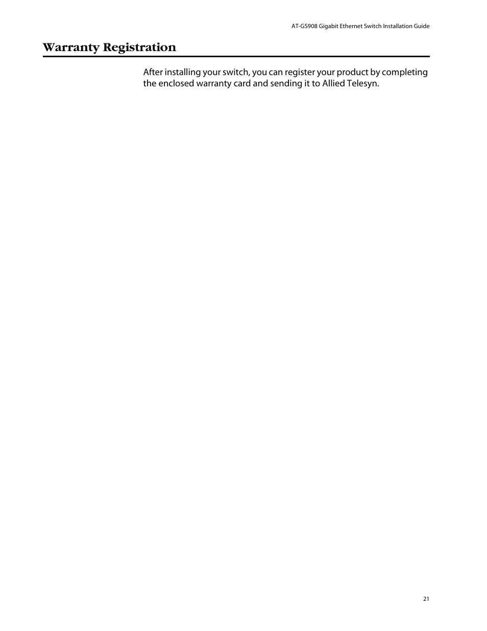 Warranty registration | Allied Telesis AT-GS908 User Manual | Page 31 / 52
