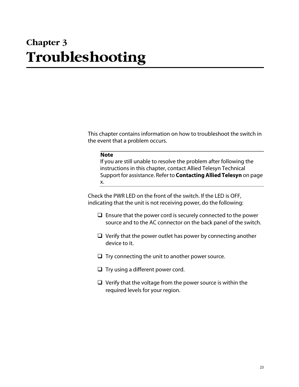 Chapter 3, Troubleshooting | Allied Telesis AT-GS908 User Manual | Page 33 / 52