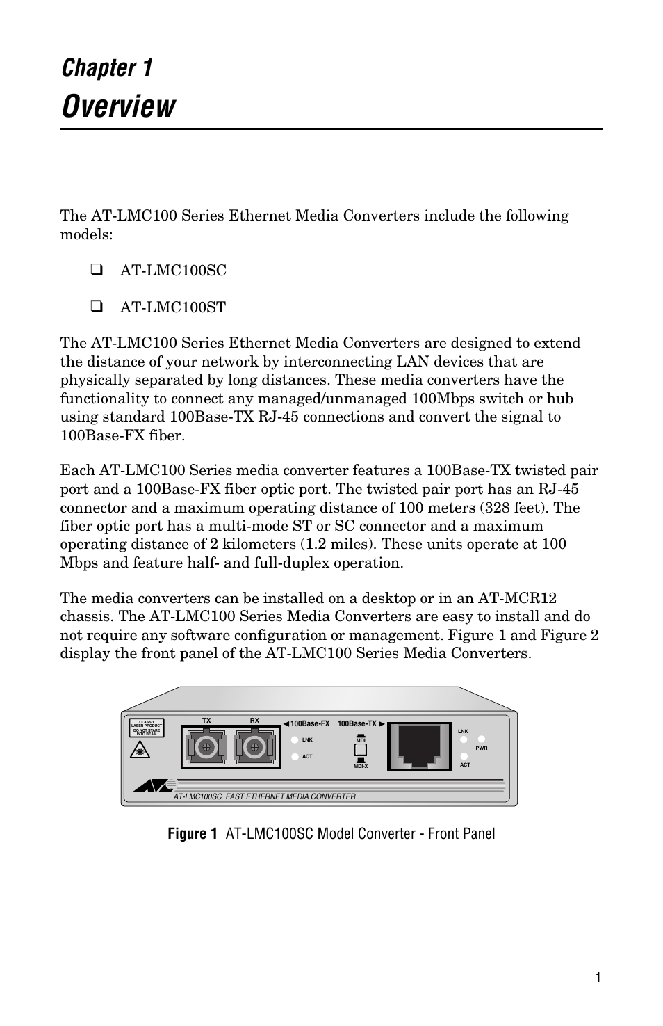 Chapter 1, Overview, At-lmc100sc | Allied Telesis AT-LMC100ST User Manual | Page 11 / 44