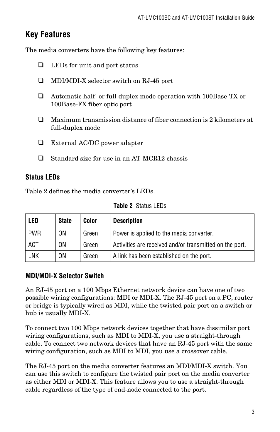 Key features, Status leds, Mdi/mdi-x selector switch | Allied Telesis AT-LMC100ST User Manual | Page 13 / 44
