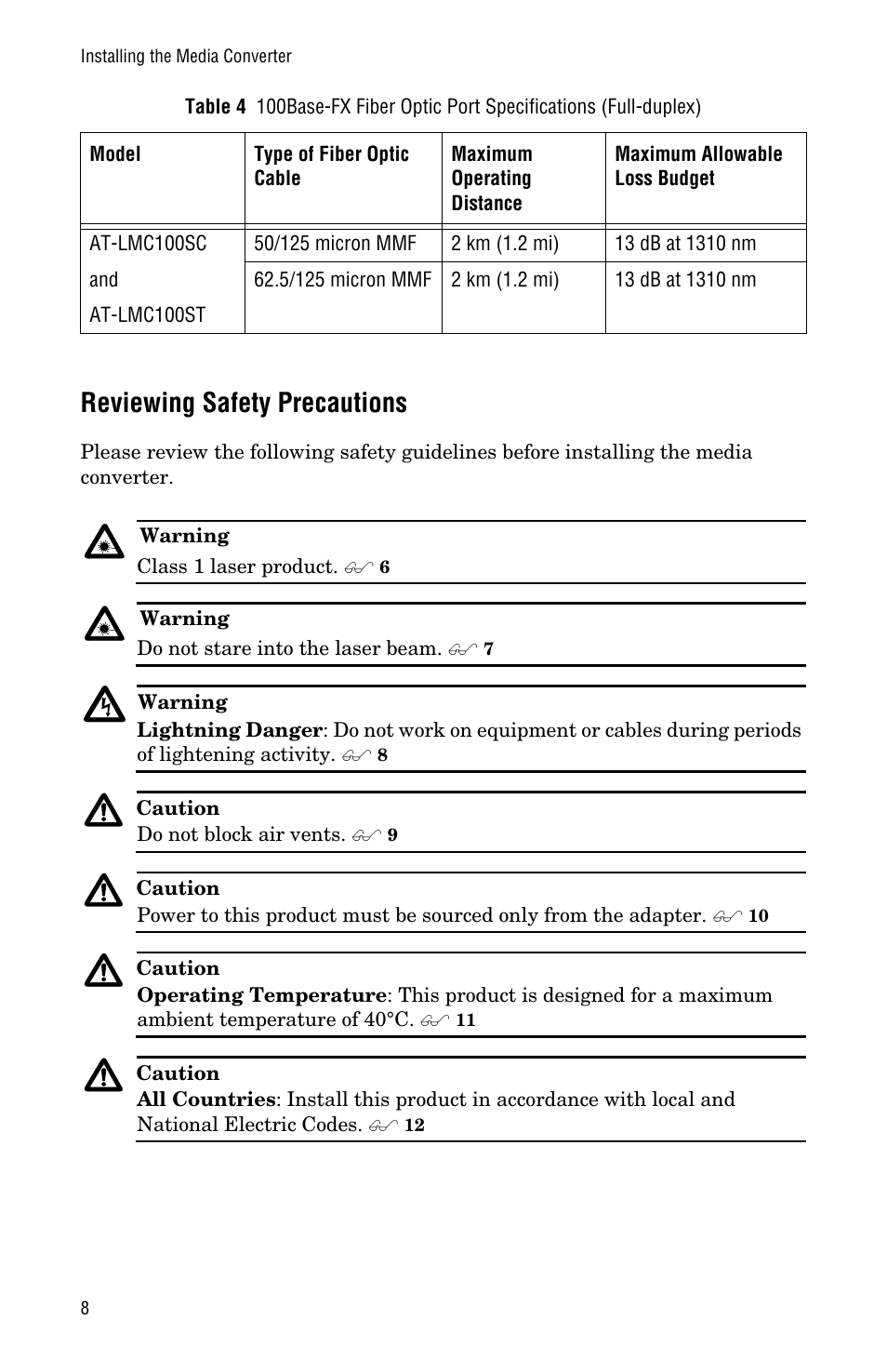 Reviewing safety precautions | Allied Telesis AT-LMC100ST User Manual | Page 18 / 44