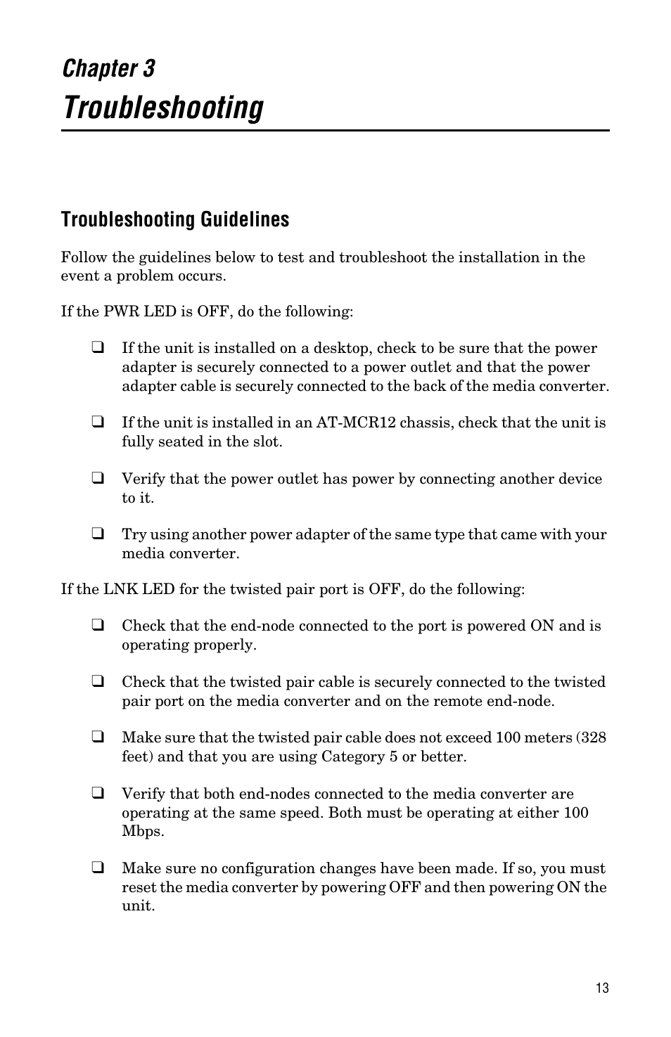 Chapter 3, Troubleshooting, Troubleshooting guidelines | Troubleshooting troubleshooting guidelines | Allied Telesis AT-LMC100ST User Manual | Page 23 / 44