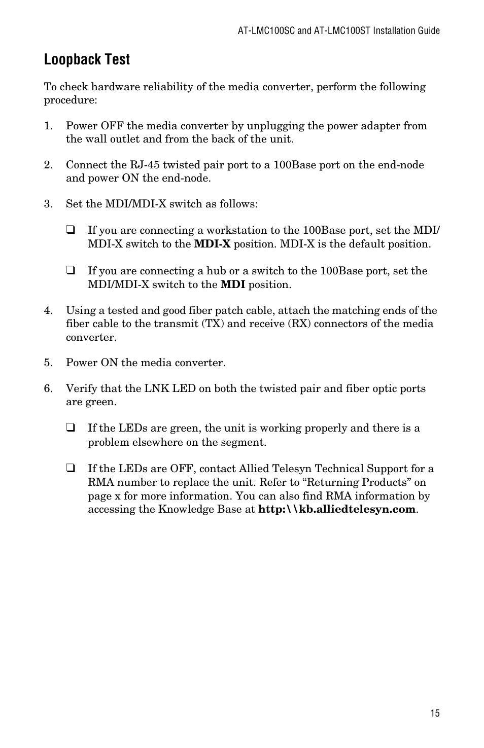 Loopback test | Allied Telesis AT-LMC100ST User Manual | Page 25 / 44