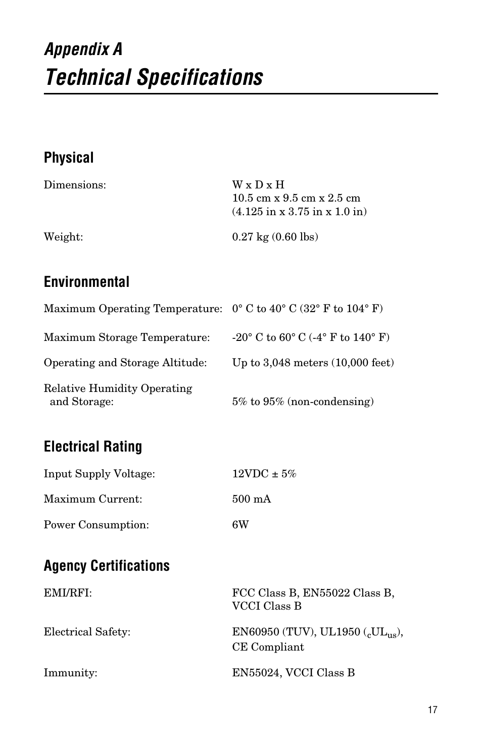Appendix a, Technical specifications, Physical | Environmental, Electrical rating, Agency certifications | Allied Telesis AT-LMC100ST User Manual | Page 27 / 44