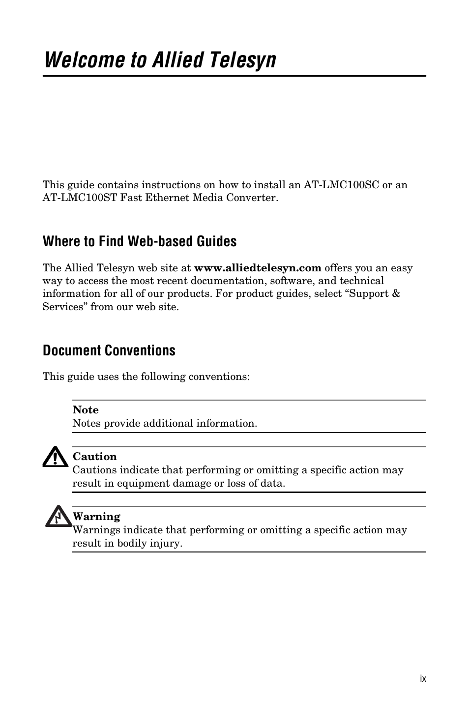 Welcome to allied telesyn, Where to find web-based guides, Document conventions | Allied Telesis AT-LMC100ST User Manual | Page 9 / 44