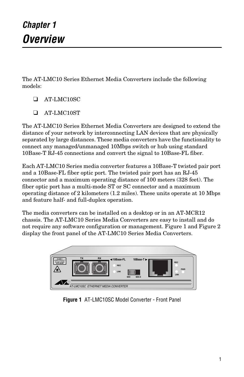 Chapter 1, Overview, At-lmc10sc | Allied Telesis AT-LMC10ST User Manual | Page 11 / 44