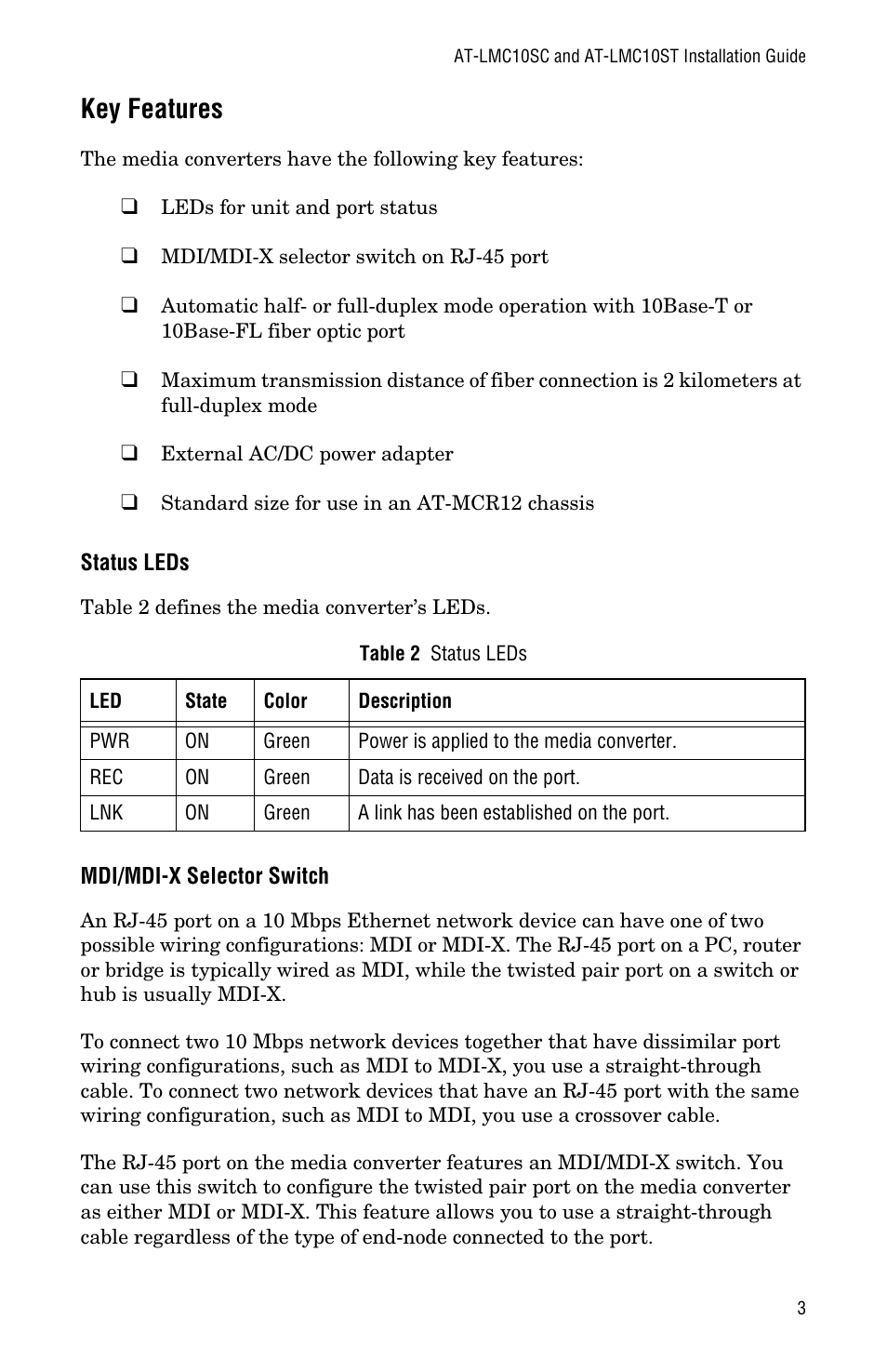 Key features, Status leds, Mdi/mdi-x selector switch | Allied Telesis AT-LMC10ST User Manual | Page 13 / 44