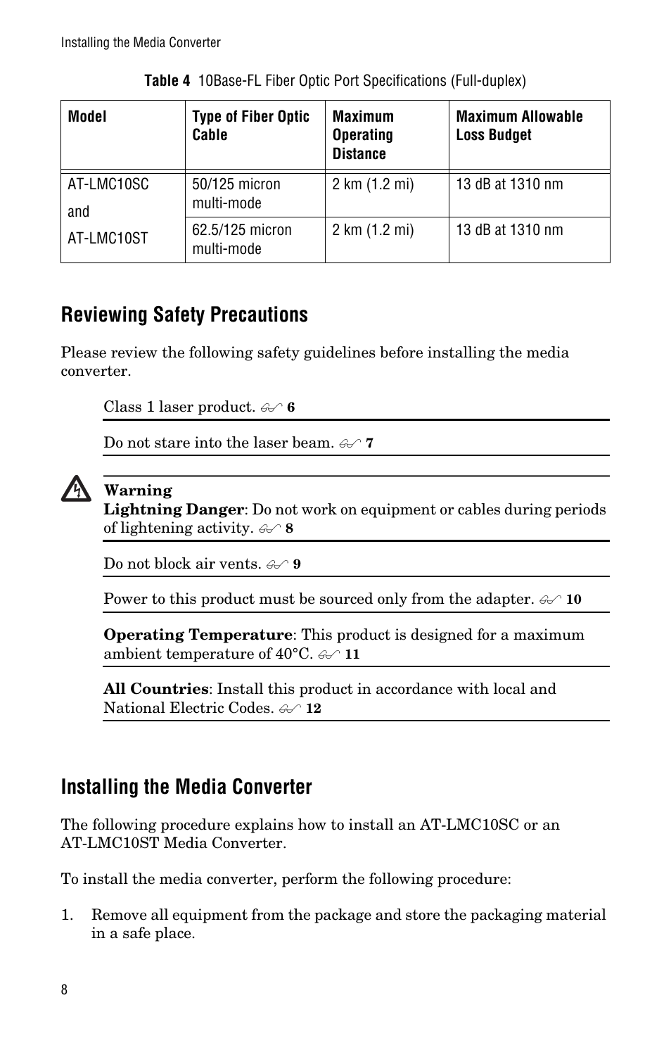 Reviewing safety precautions, Installing the media converter | Allied Telesis AT-LMC10ST User Manual | Page 18 / 44