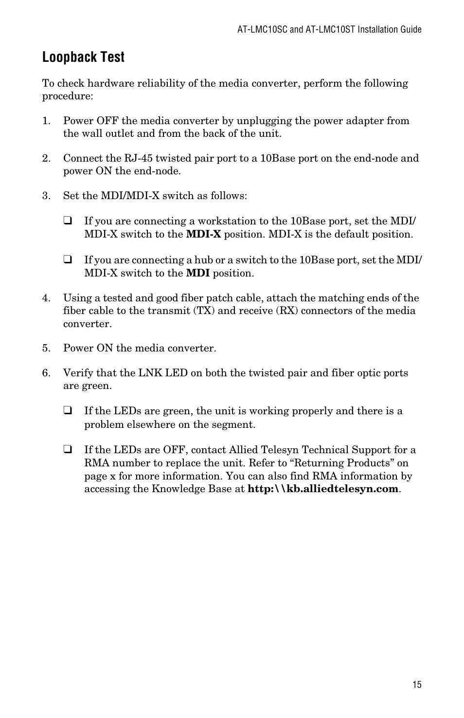Loopback test | Allied Telesis AT-LMC10ST User Manual | Page 25 / 44