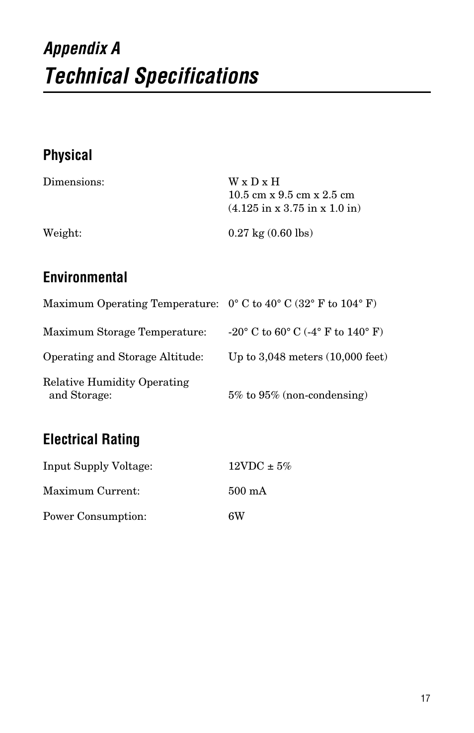 Appendix a, Technical specifications, Physical | Environmental, Electrical rating | Allied Telesis AT-LMC10ST User Manual | Page 27 / 44
