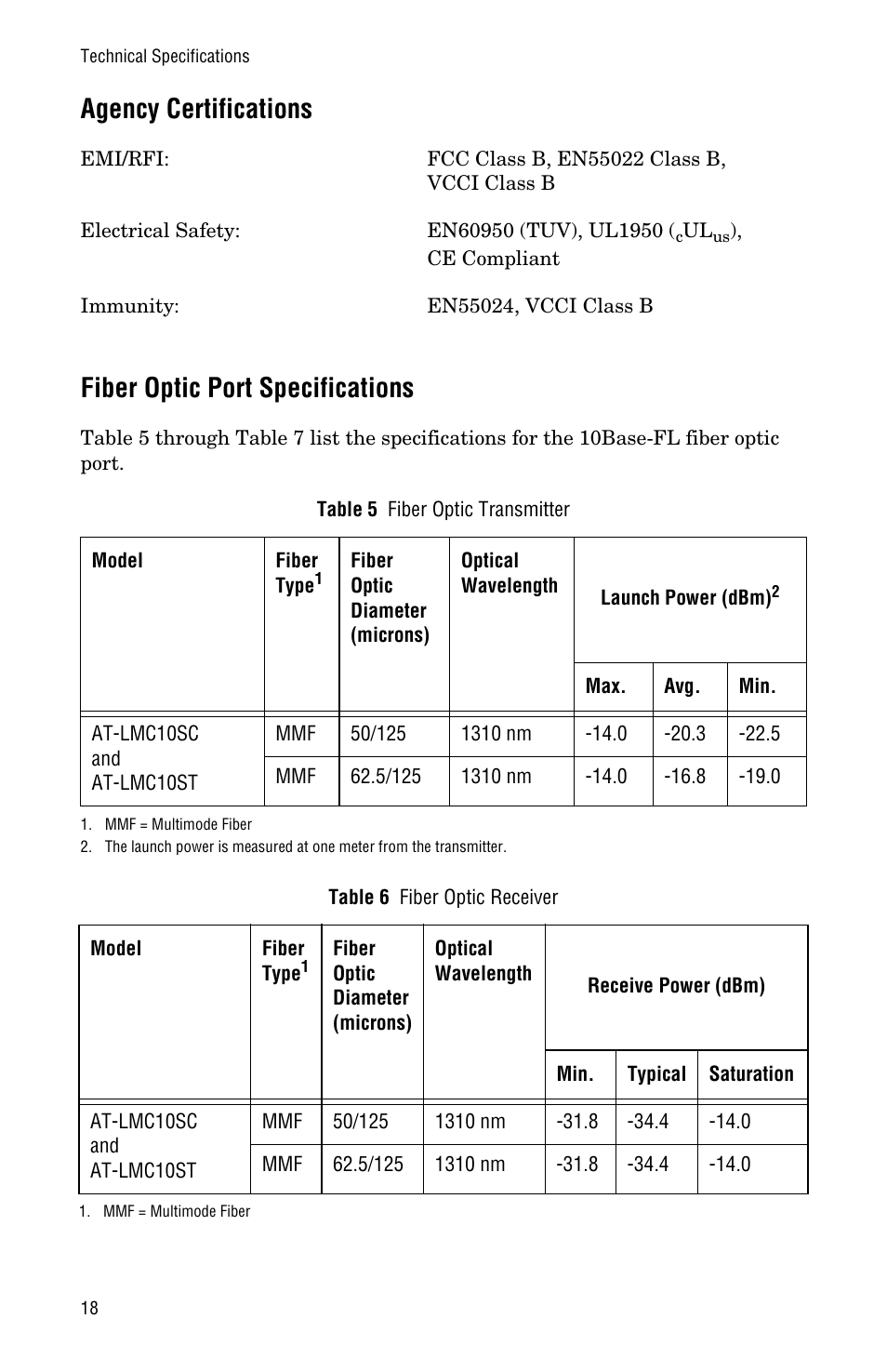 Agency certifications, Fiber optic port specifications | Allied Telesis AT-LMC10ST User Manual | Page 28 / 44