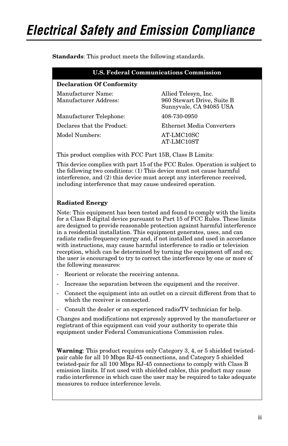 Electrical safety and emission compliance | Allied Telesis AT-LMC10ST User Manual | Page 3 / 44