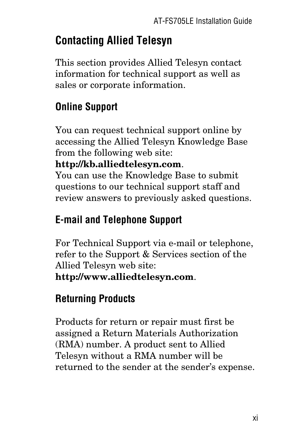 Contacting allied telesyn, Online support, E-mail and telephone support | Returning products | Allied Telesis AT-FS705LE User Manual | Page 11 / 60