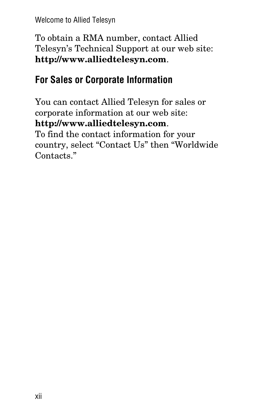 For sales or corporate information, For sales or corporate information ....... xii | Allied Telesis AT-FS705LE User Manual | Page 12 / 60
