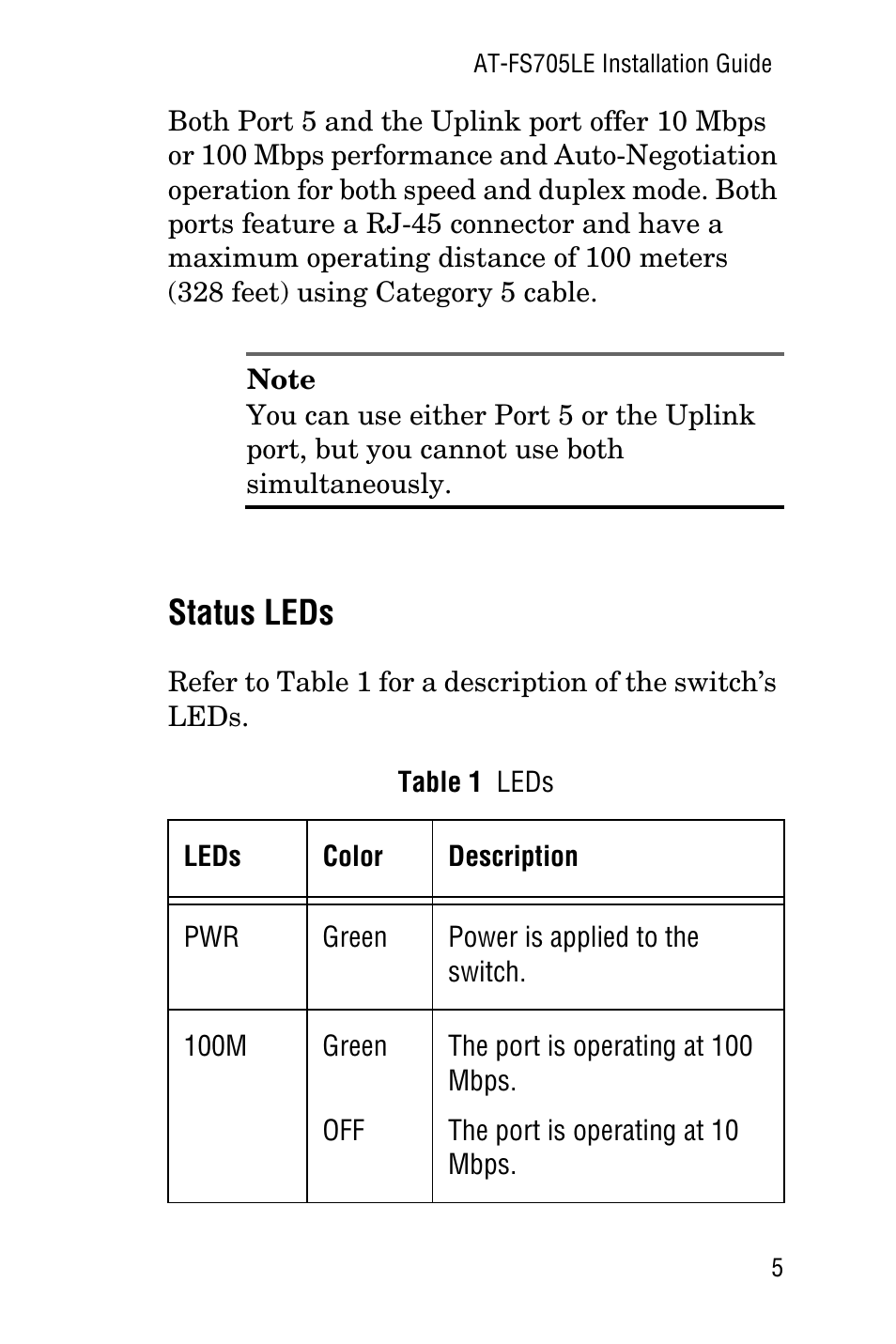 Status leds | Allied Telesis AT-FS705LE User Manual | Page 17 / 60
