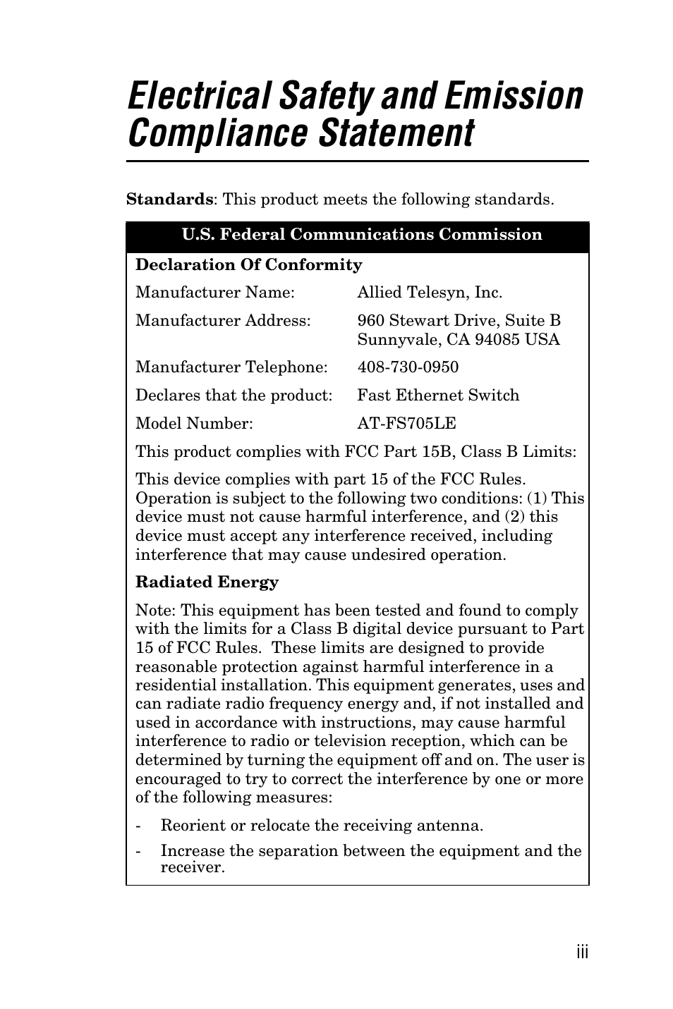 Allied Telesis AT-FS705LE User Manual | Page 3 / 60