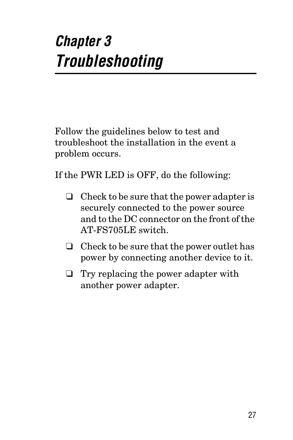 Chapter 3, Troubleshooting | Allied Telesis AT-FS705LE User Manual | Page 39 / 60
