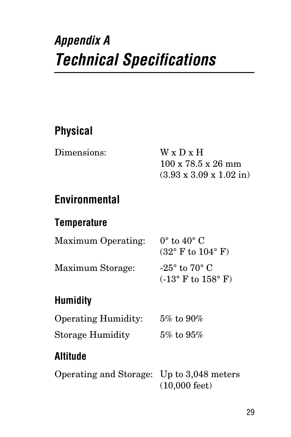 Appendix a, Technical specifications, Physical | Environmental, Temperature, Humidity, Altitude, Physical environmental, Temperature humidity altitude | Allied Telesis AT-FS705LE User Manual | Page 41 / 60
