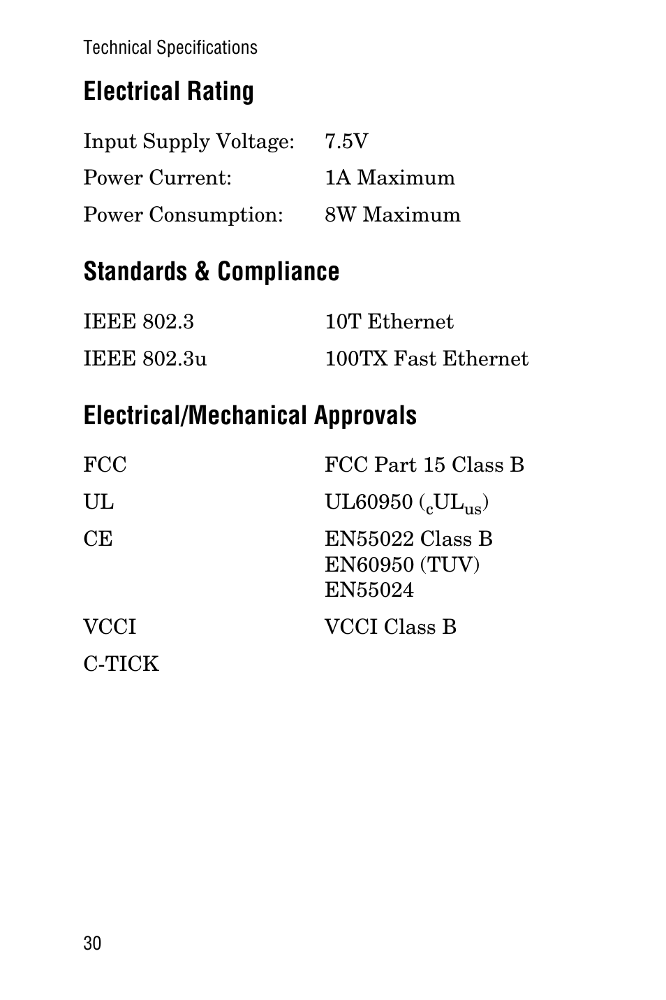 Electrical rating, Standards & compliance, Electrical/mechanical approvals | Allied Telesis AT-FS705LE User Manual | Page 42 / 60
