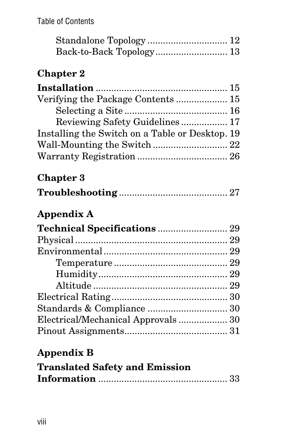 Chapter 2, Installation 15, Chapter 3 | Troubleshooting 27, Technical specifications 29, Translated safety and emission information 33 | Allied Telesis AT-FS705LE User Manual | Page 8 / 60