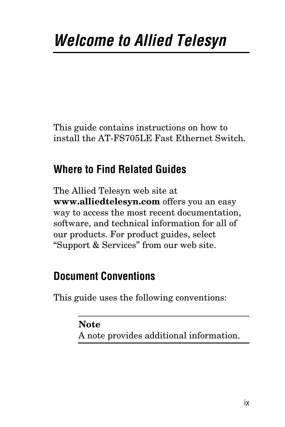 Welcome to allied telesyn, Where to find related guides, Document conventions | Allied Telesis AT-FS705LE User Manual | Page 9 / 60