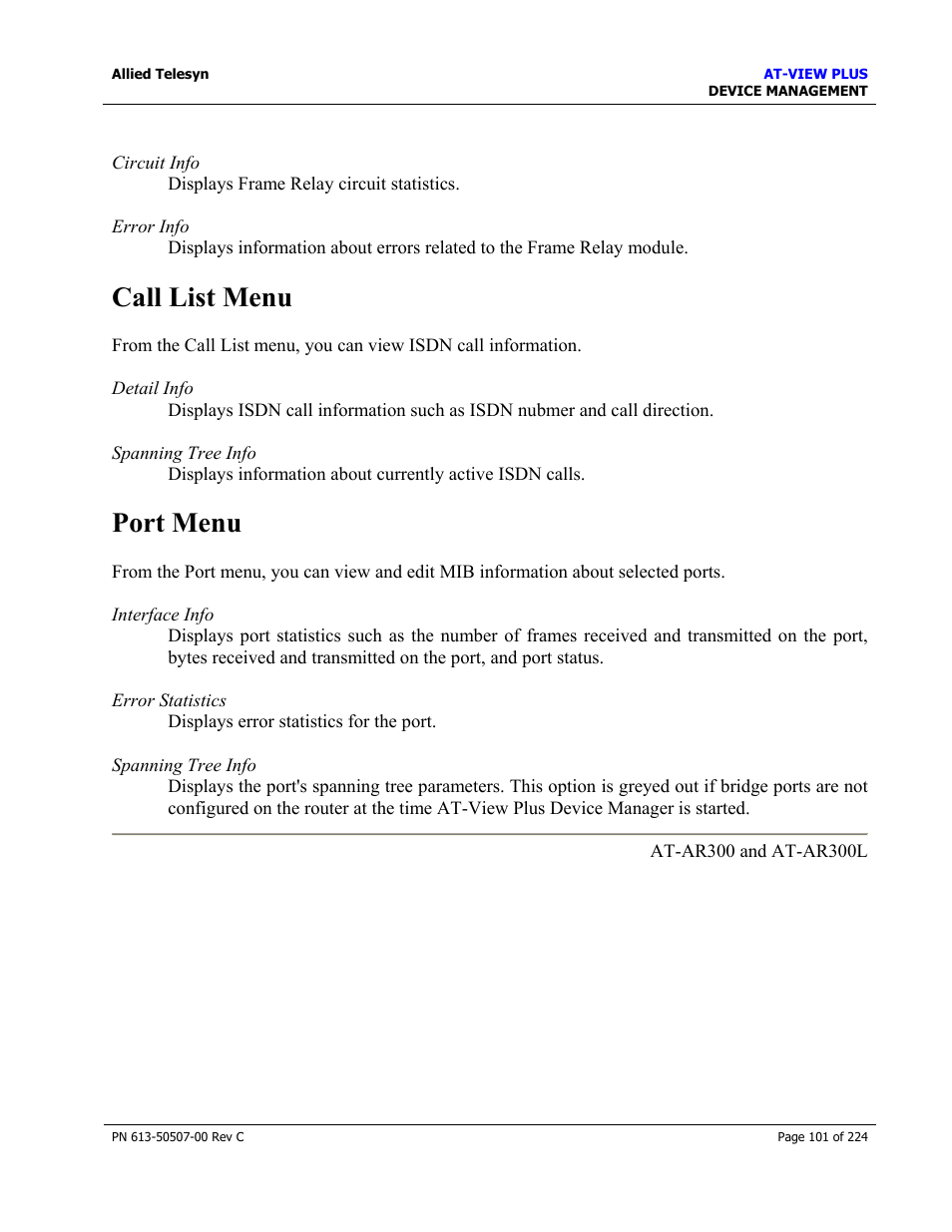 Call list menu, Port menu | Allied Telesis AT-VIEW PLUS 2.3 DEVICE MANAGEMENT User Manual | Page 101 / 224