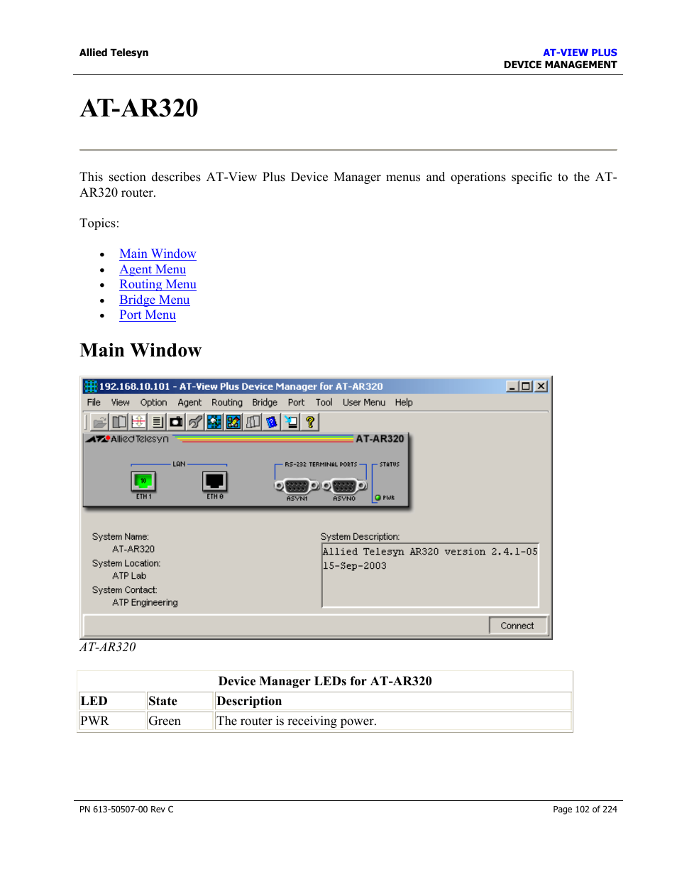 At-ar320, Main window | Allied Telesis AT-VIEW PLUS 2.3 DEVICE MANAGEMENT User Manual | Page 102 / 224