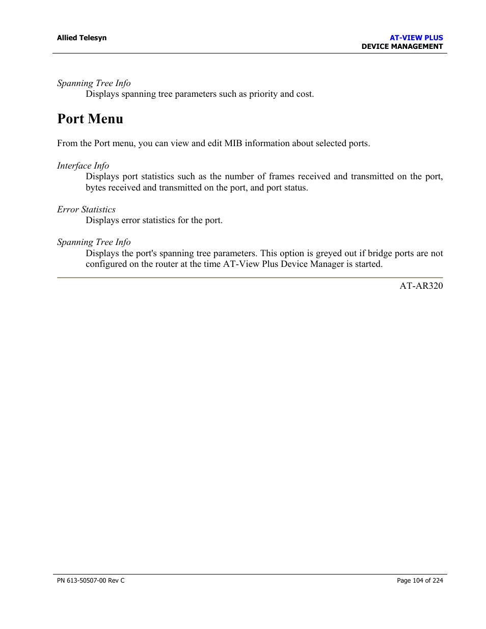 Port menu | Allied Telesis AT-VIEW PLUS 2.3 DEVICE MANAGEMENT User Manual | Page 104 / 224