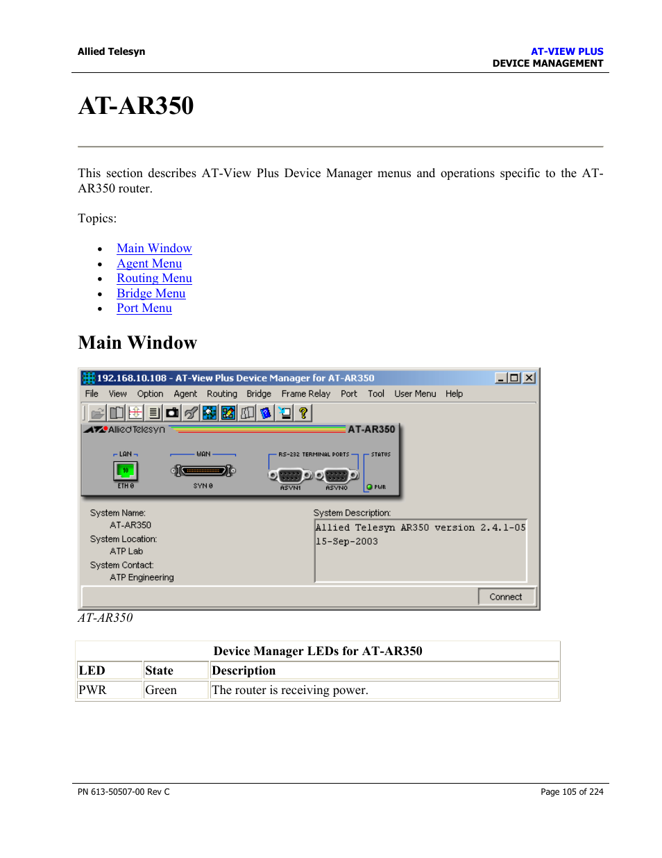 At-ar350, Main window | Allied Telesis AT-VIEW PLUS 2.3 DEVICE MANAGEMENT User Manual | Page 105 / 224