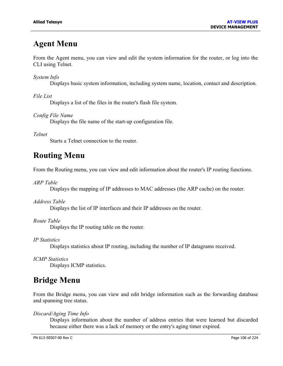 Agent menu, Routing menu, Bridge menu | Allied Telesis AT-VIEW PLUS 2.3 DEVICE MANAGEMENT User Manual | Page 106 / 224