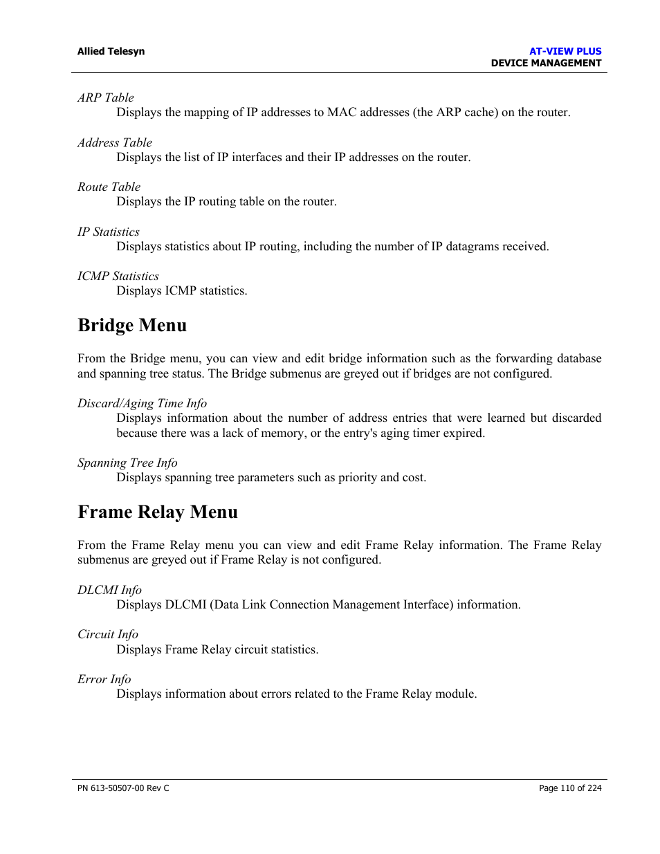 Bridge menu, Frame relay menu | Allied Telesis AT-VIEW PLUS 2.3 DEVICE MANAGEMENT User Manual | Page 110 / 224