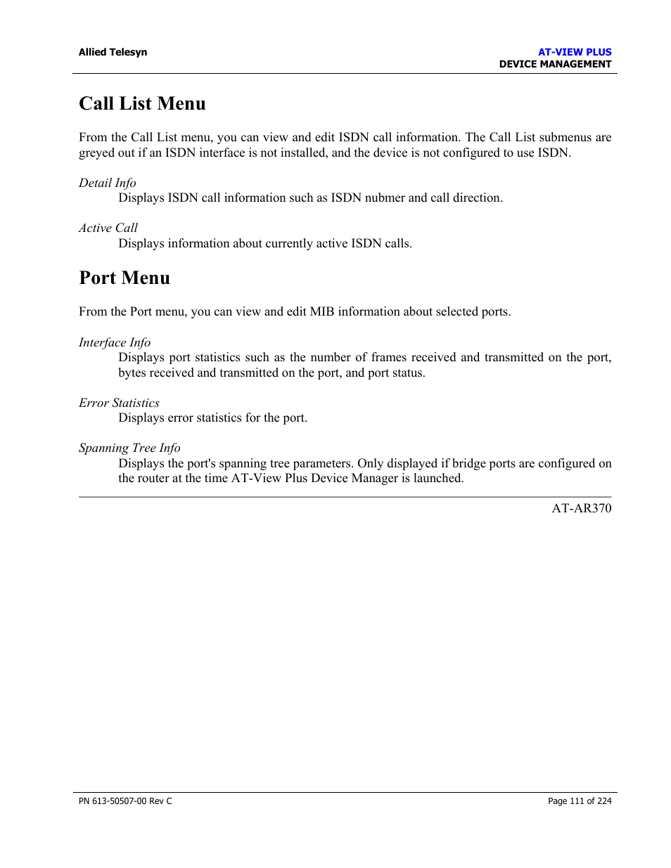 Call list menu, Port menu | Allied Telesis AT-VIEW PLUS 2.3 DEVICE MANAGEMENT User Manual | Page 111 / 224