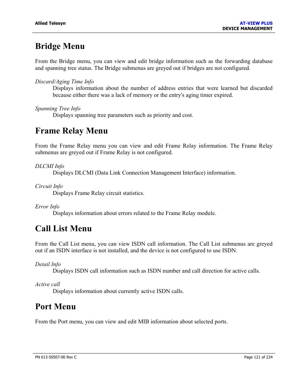 Bridge menu, Frame relay menu, Call list menu | Port menu | Allied Telesis AT-VIEW PLUS 2.3 DEVICE MANAGEMENT User Manual | Page 121 / 224