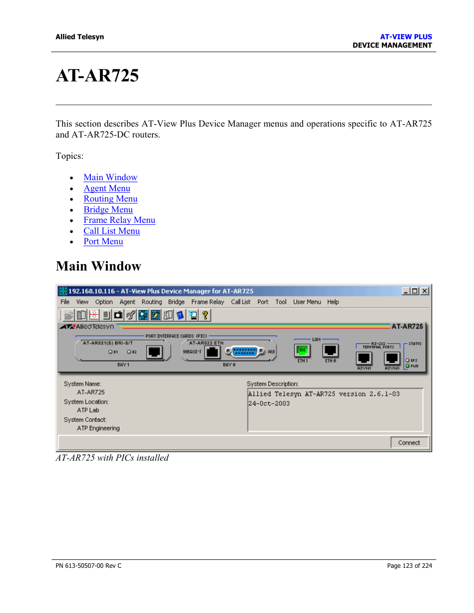 At-ar725, Main window | Allied Telesis AT-VIEW PLUS 2.3 DEVICE MANAGEMENT User Manual | Page 123 / 224