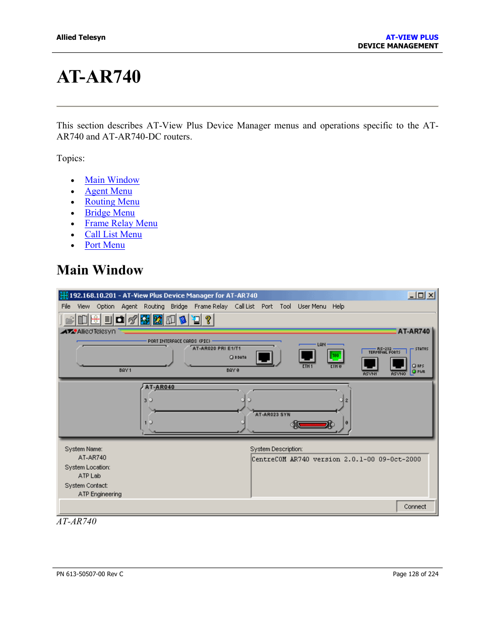 At-ar740, Main window | Allied Telesis AT-VIEW PLUS 2.3 DEVICE MANAGEMENT User Manual | Page 128 / 224