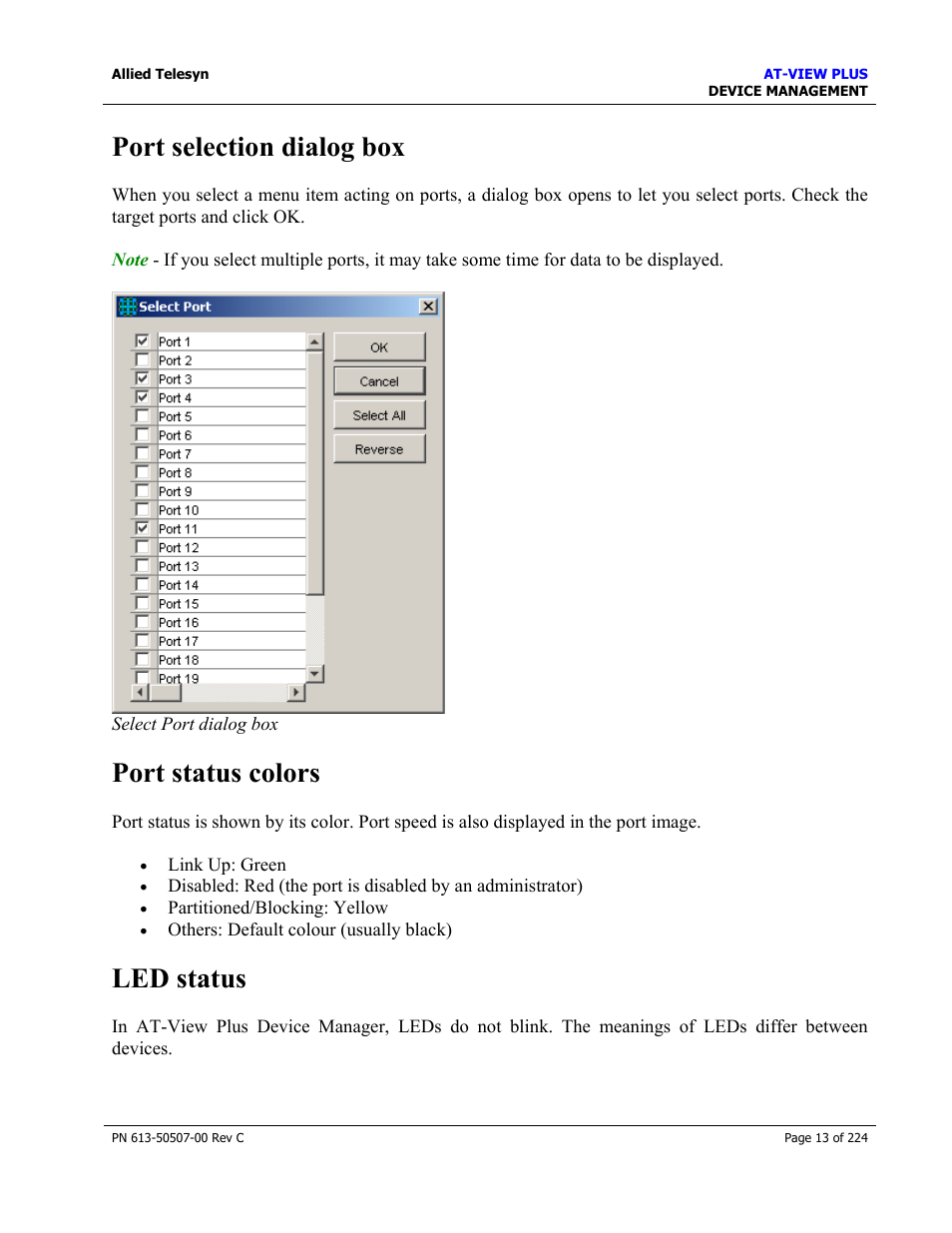 Port selection dialog box, Port status colors, Led status | Allied Telesis AT-VIEW PLUS 2.3 DEVICE MANAGEMENT User Manual | Page 13 / 224