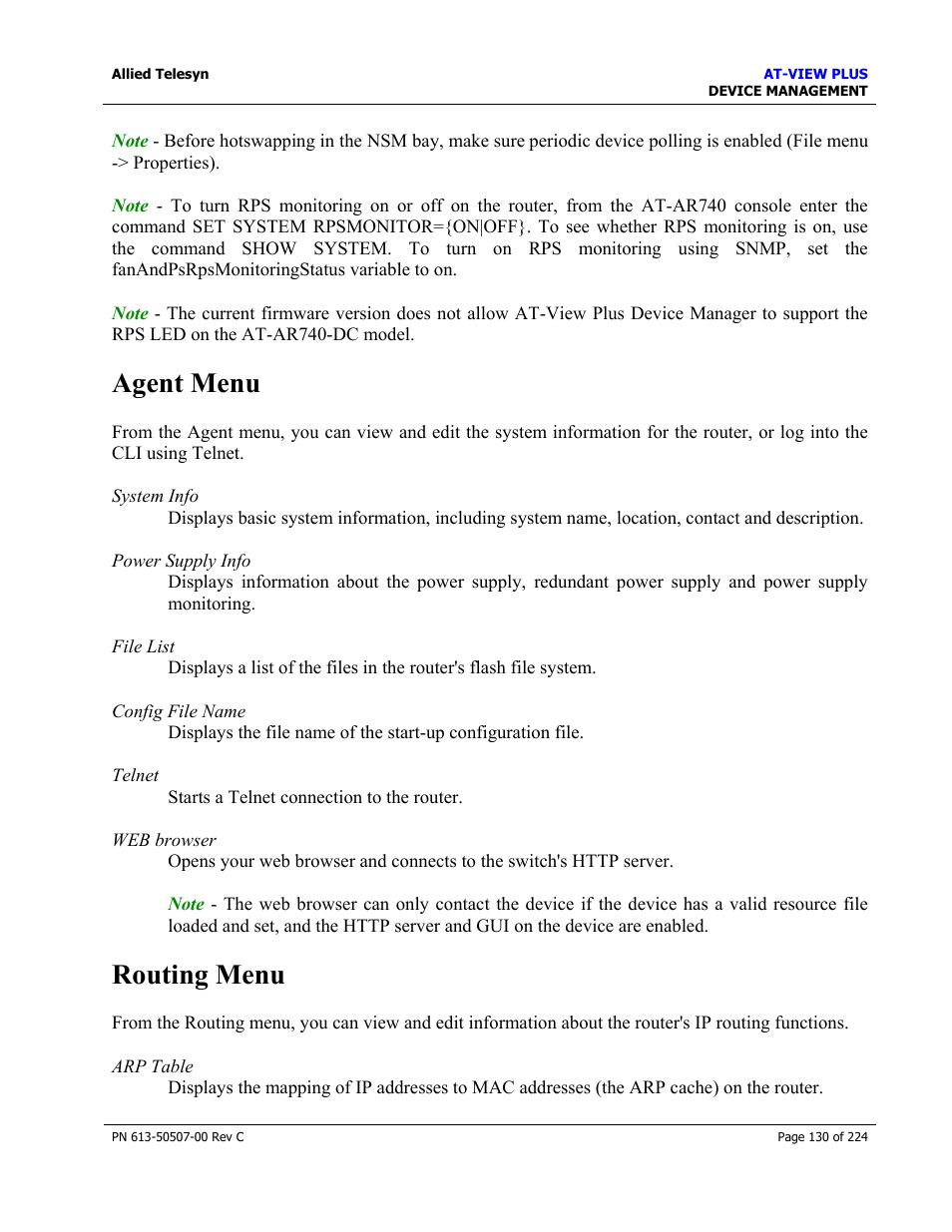 Agent menu, Routing menu | Allied Telesis AT-VIEW PLUS 2.3 DEVICE MANAGEMENT User Manual | Page 130 / 224