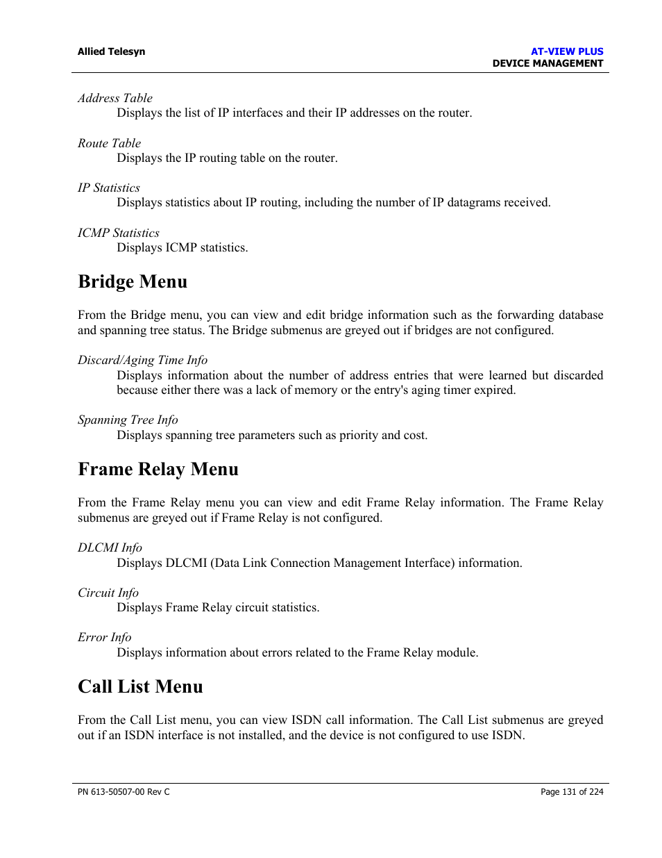 Bridge menu, Frame relay menu, Call list menu | Allied Telesis AT-VIEW PLUS 2.3 DEVICE MANAGEMENT User Manual | Page 131 / 224
