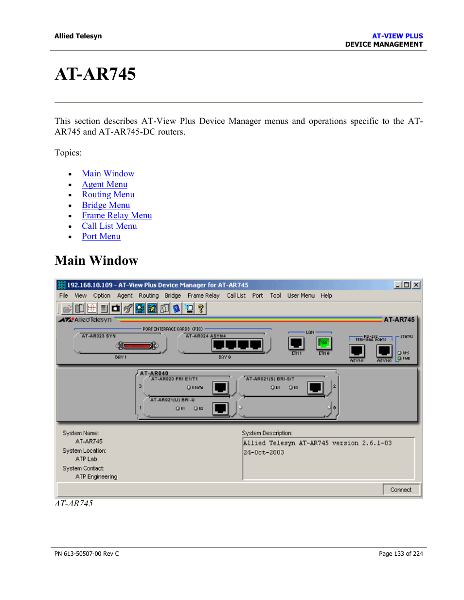 At-ar745, Main window | Allied Telesis AT-VIEW PLUS 2.3 DEVICE MANAGEMENT User Manual | Page 133 / 224