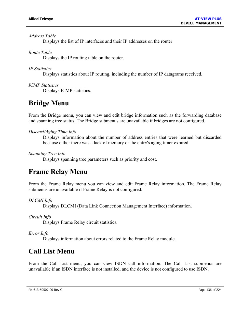 Bridge menu, Frame relay menu, Call list menu | Allied Telesis AT-VIEW PLUS 2.3 DEVICE MANAGEMENT User Manual | Page 136 / 224