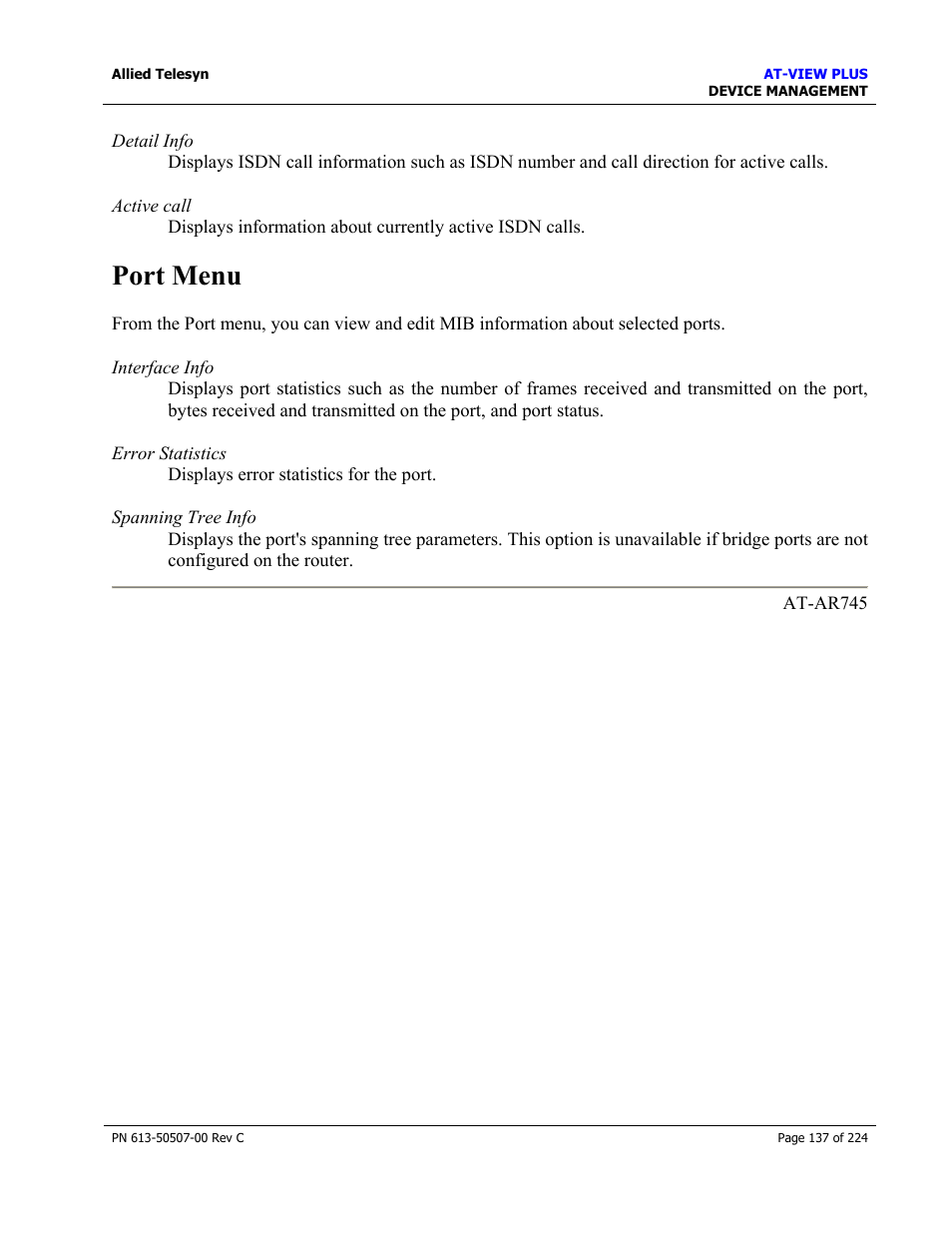 Port menu | Allied Telesis AT-VIEW PLUS 2.3 DEVICE MANAGEMENT User Manual | Page 137 / 224