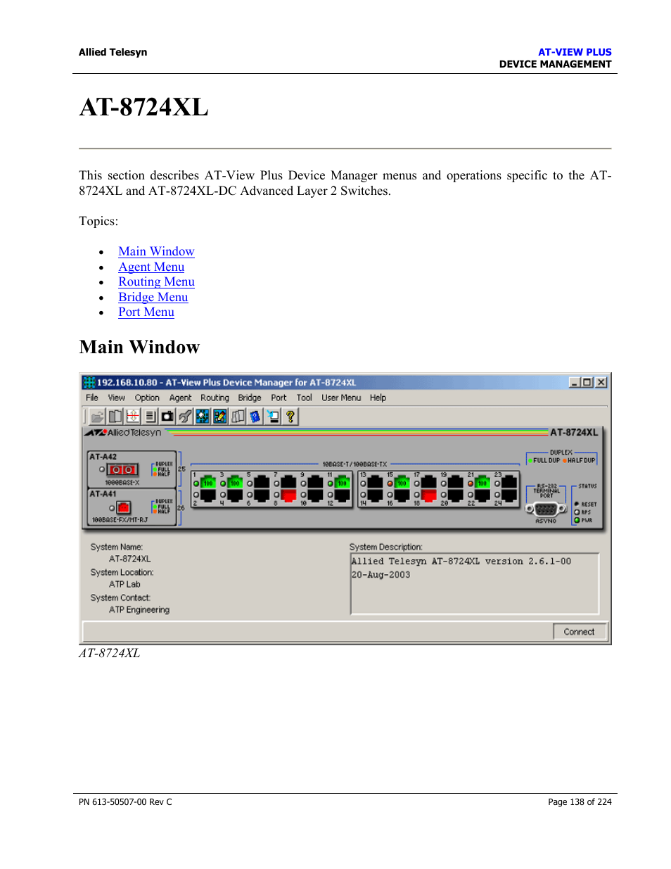 At-8724xl, Main window | Allied Telesis AT-VIEW PLUS 2.3 DEVICE MANAGEMENT User Manual | Page 138 / 224
