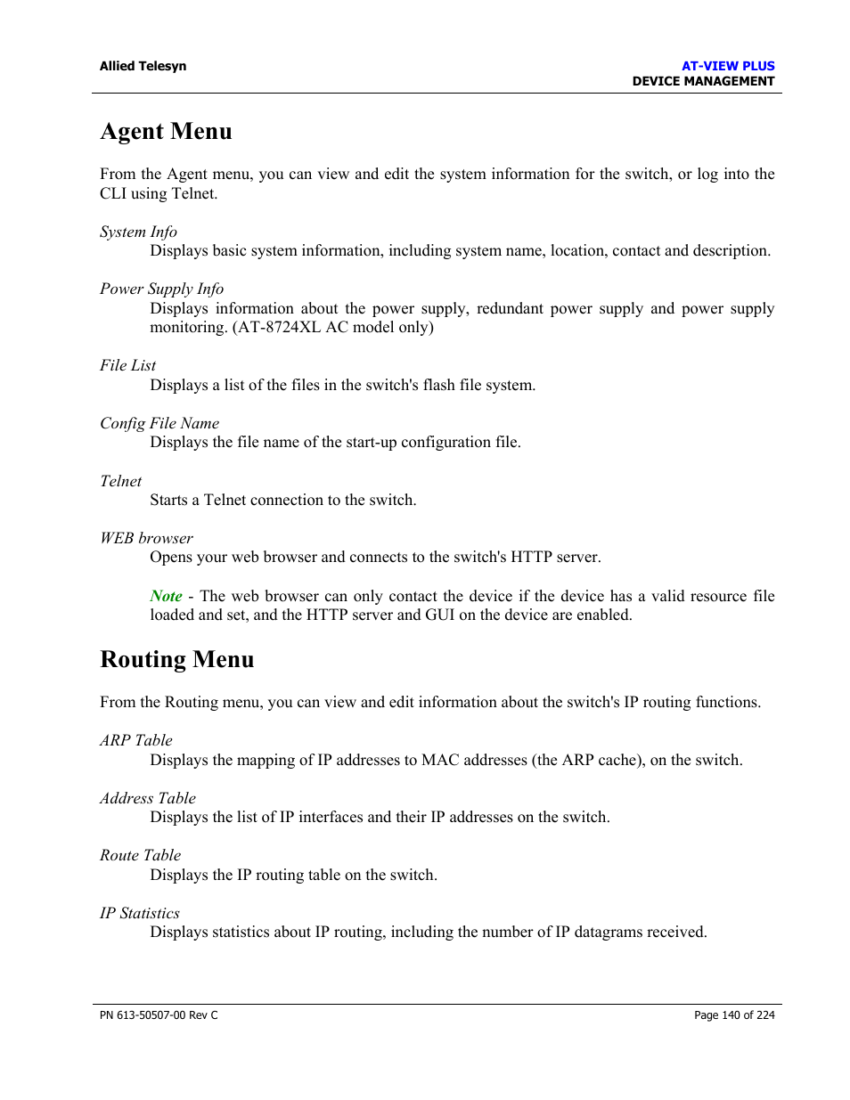 Agent menu, Routing menu | Allied Telesis AT-VIEW PLUS 2.3 DEVICE MANAGEMENT User Manual | Page 140 / 224