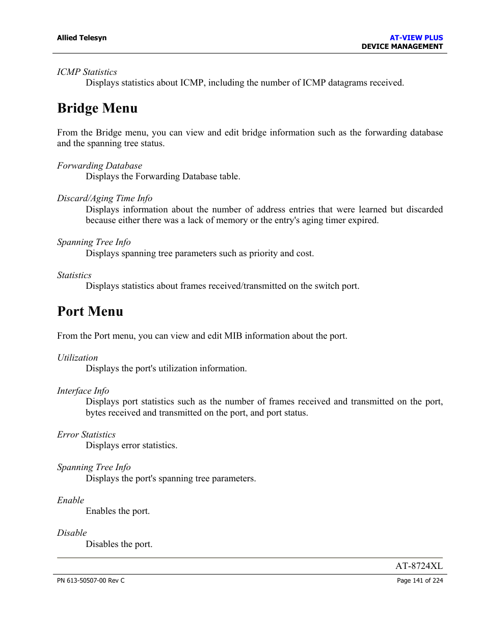 Bridge menu, Port menu | Allied Telesis AT-VIEW PLUS 2.3 DEVICE MANAGEMENT User Manual | Page 141 / 224